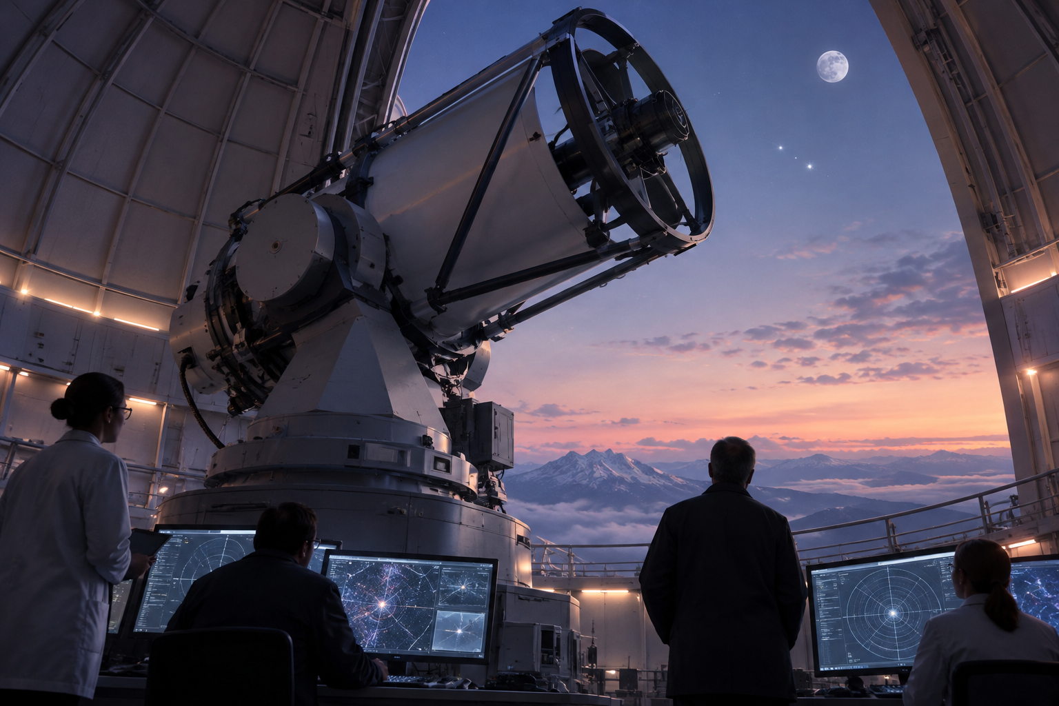 A large telescope in a mountain observatory facing a clear sky.