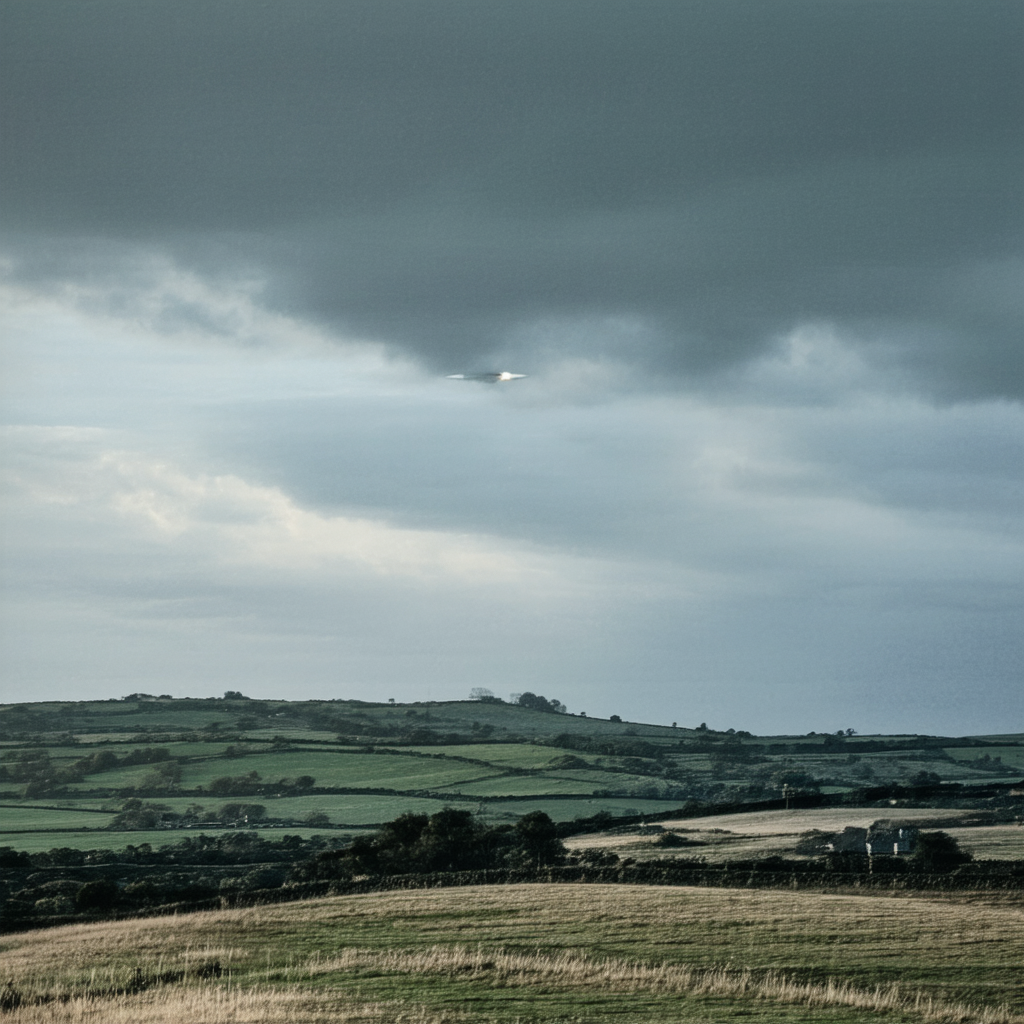 A black triangular object flying over a rocky canyon landscape