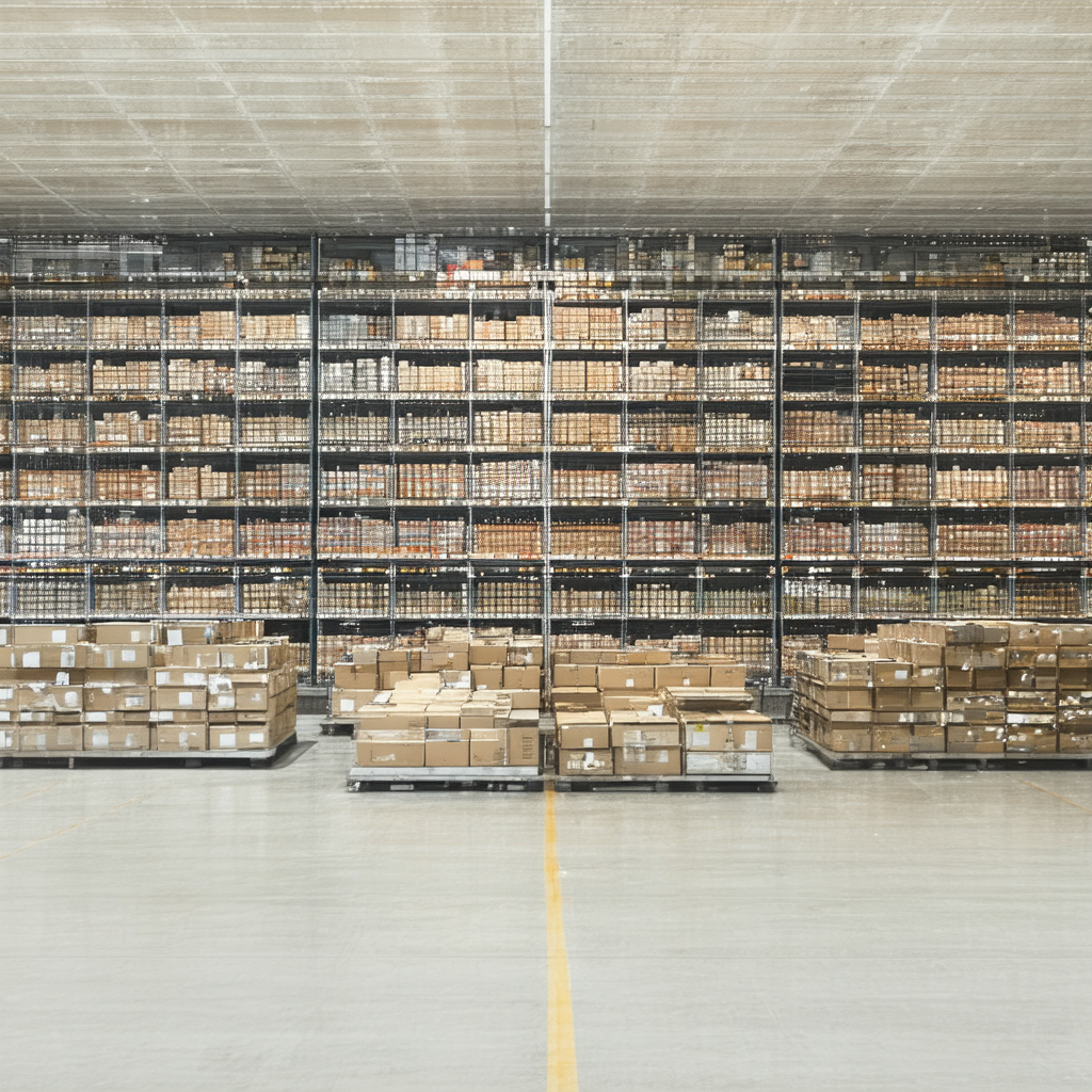 Shelves of archival boxes and folders in a large record storage facility